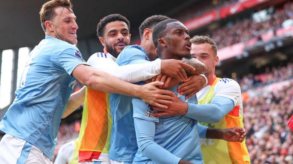 Nottingham Forest celebrate Callum Hudson-Odoi's winner at Liverpool