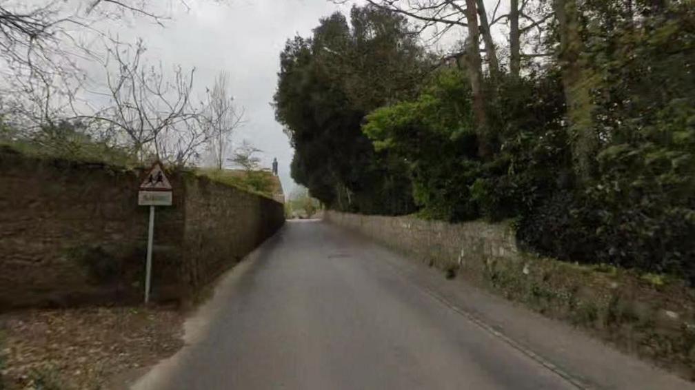 Rue Des Deslisles in Castel, Guernsey, which has walls either side of a narrow road. The road is lined with trees and a warning sign for a school is on the left of the picture.