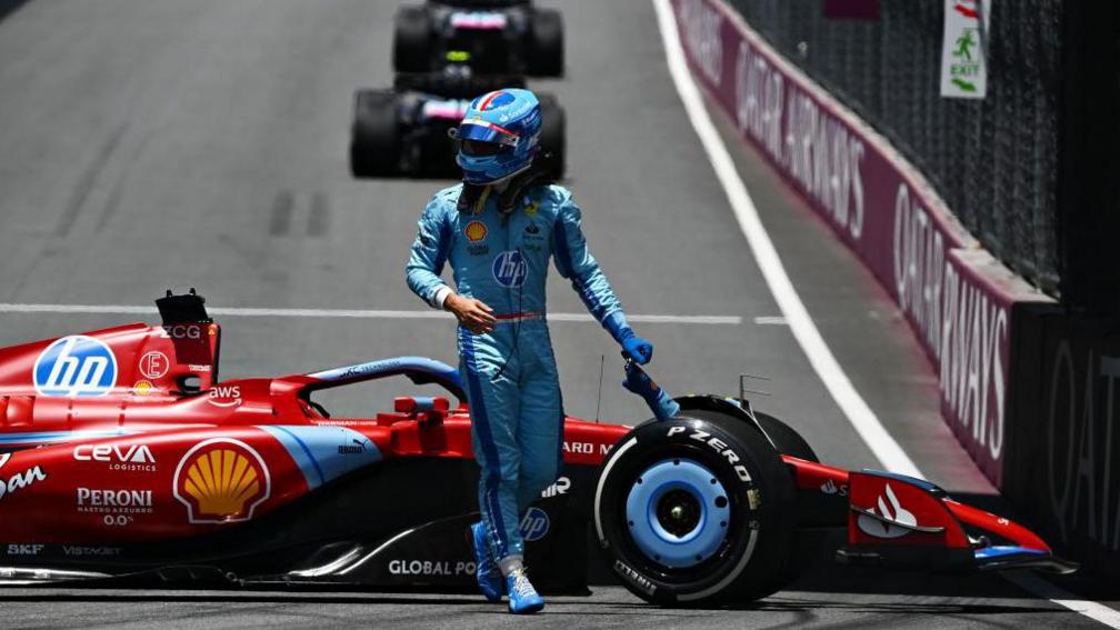 Ferrari's Charles Leclerc gets out of his car during Miami Grand Prix practice