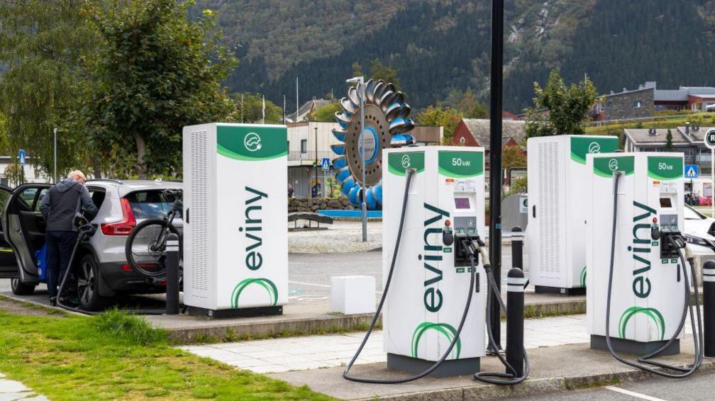 An electric vehicle charging station the Norwegian village of Eidfjord