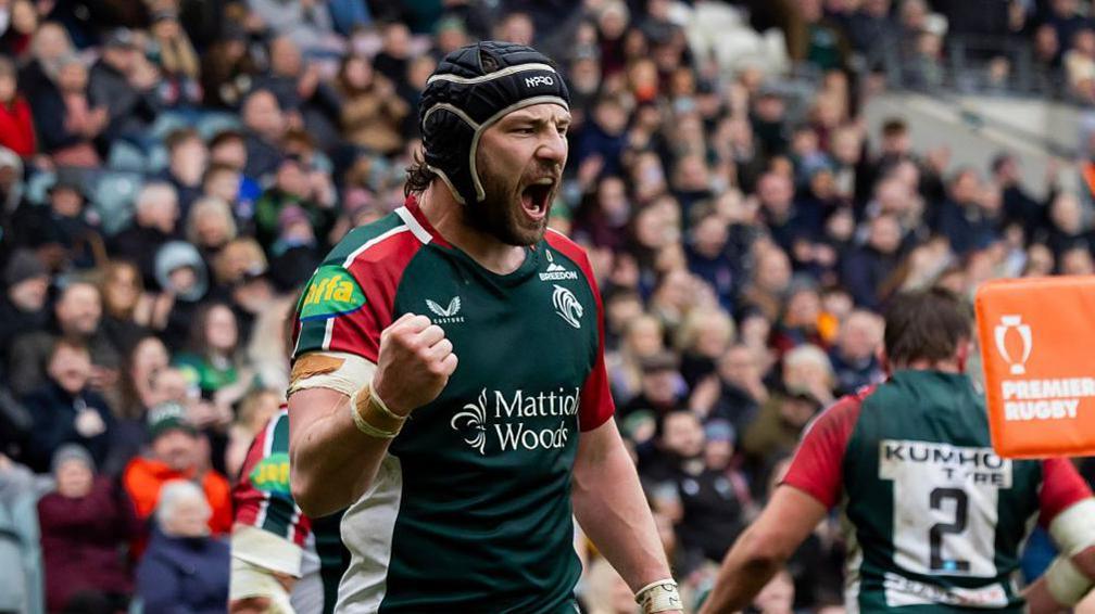 Harry Wells clenches his fist and roars in celebration for Leicester against Bath earlier this season