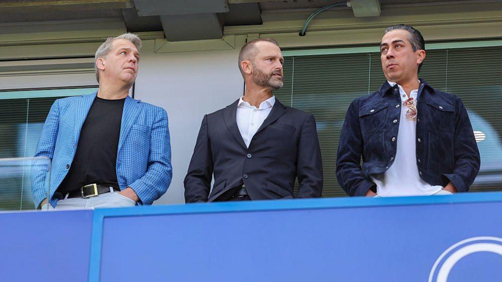 Todd Boehly co-owner of Chelsea FC with Sporting Director Paul Winstanley and fellow co-owner Behdad Eghbali 
