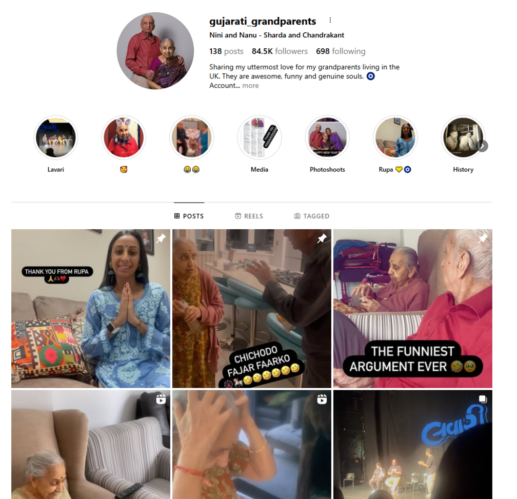 A screenshot of the gujarati_grandparents Instagram account, which has 84.5 thousand followers and shows a range of content