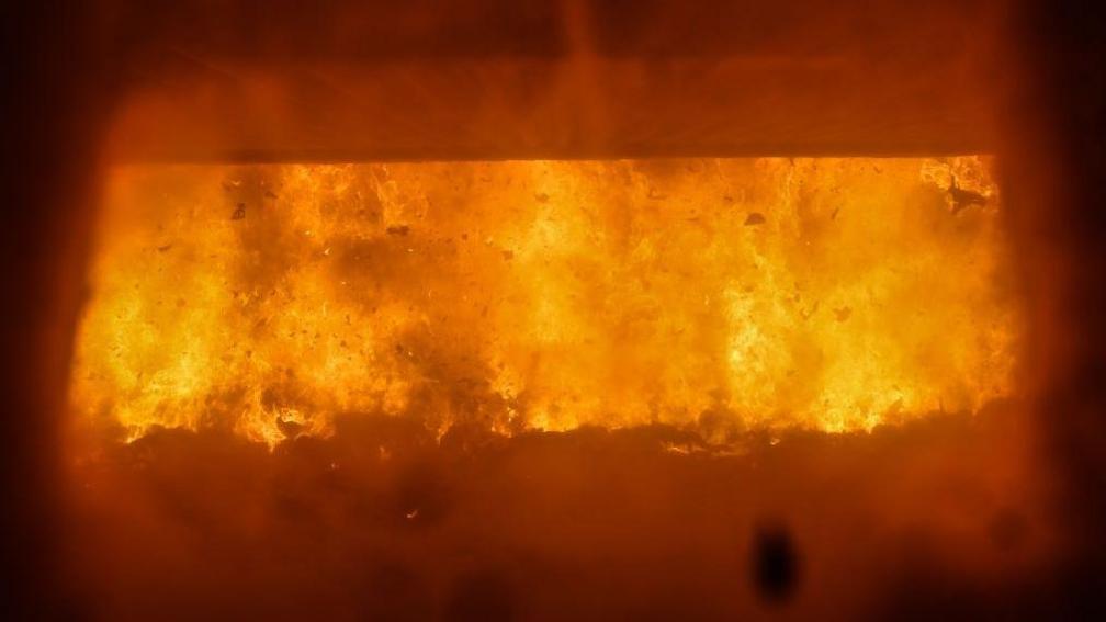 A view of waste being burned inside the Veolia incineration plant in south London