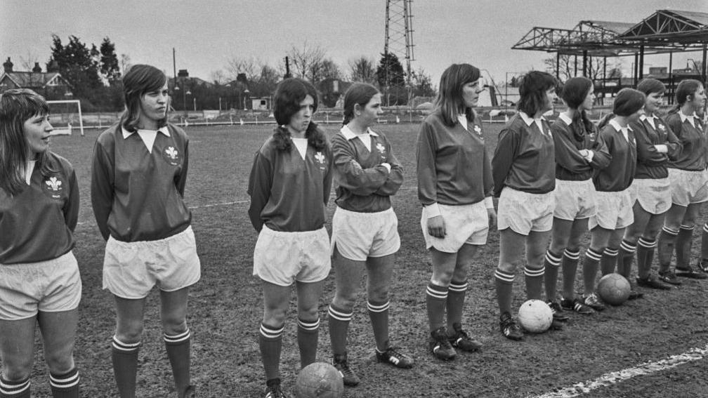 The Wales team line up before their game against England at Slough Stadium in March 1974