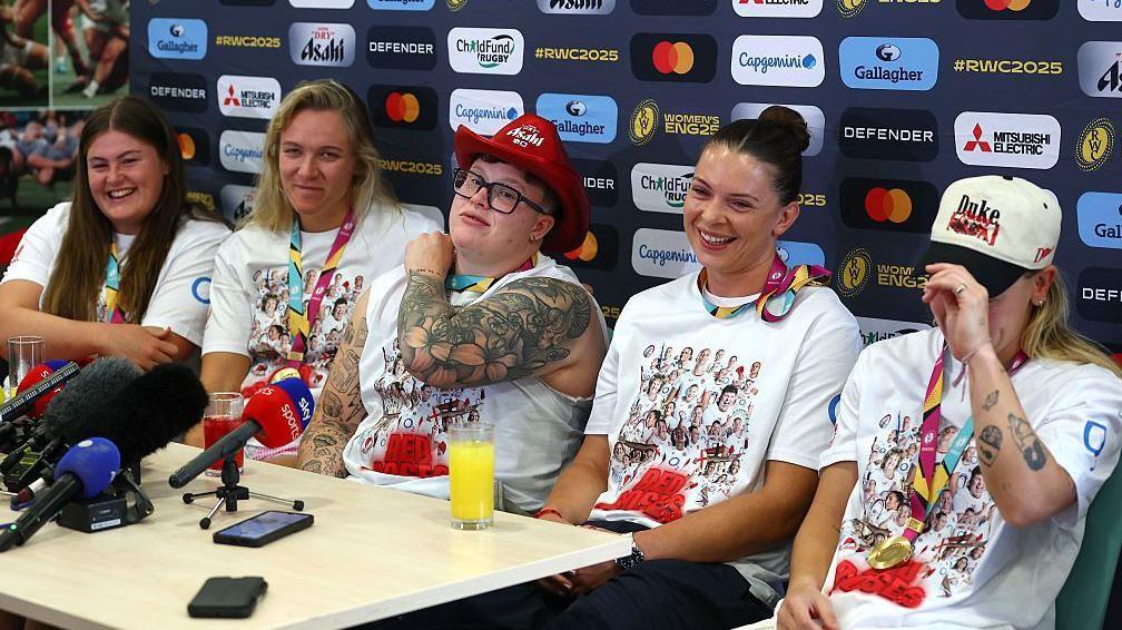 Maud Muir, Zoe Aldcroft, Hannah Botterman, Abbie Ward, and Meg Jones at England's news conference