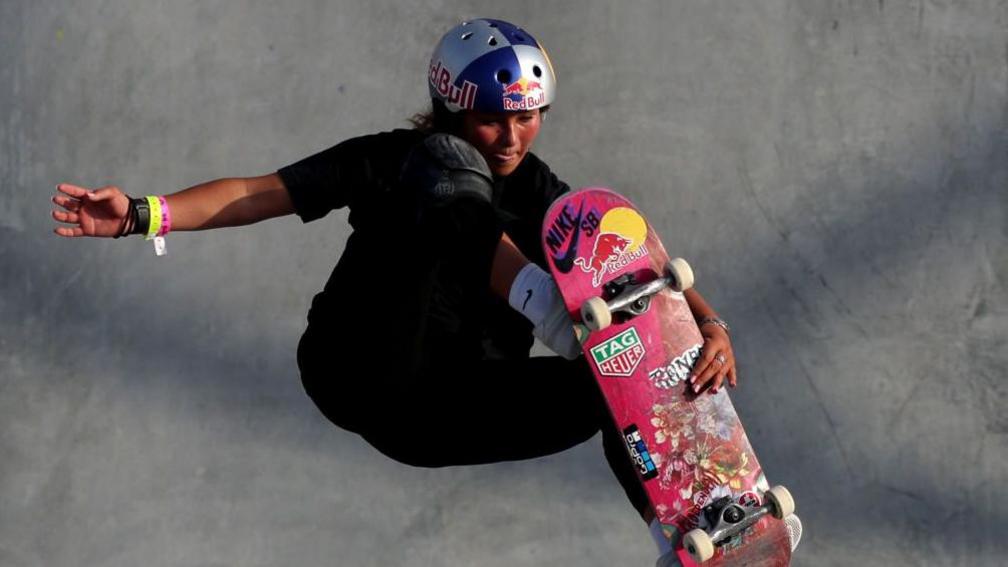 Sky Brown of Great Britain practice prior to Women's Park Qualifiers during the Sharjah Skateboarding Street.