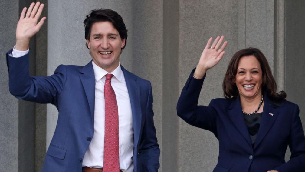 Escorted by Vice President Kamala Harris, Canadian Prime Minister Justin Trudeau tours the balcony outside Harris's ceremonial office at Eisenhower Executive Office Building November 18, 2021 in Washington DC.