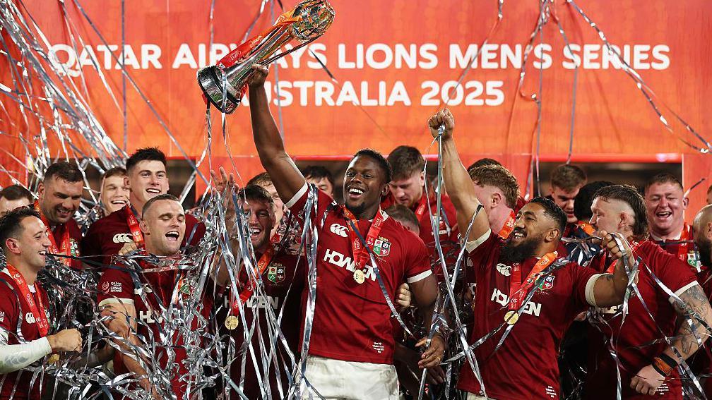 Lions captain Maro Itoje lifts the series trophy