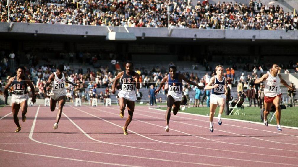  the 4X100 meters relay race during the semi-final of the Olympic Games, in Mexico, on October, 10, 1968.