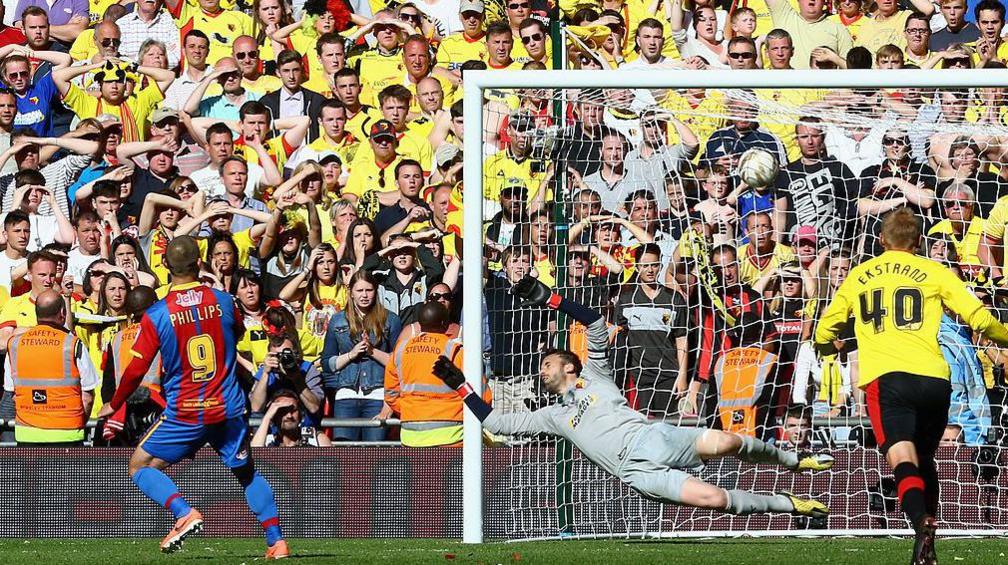 Kevin Phillips blasts his penalty into the top corner as Crystal Palace beat Watford