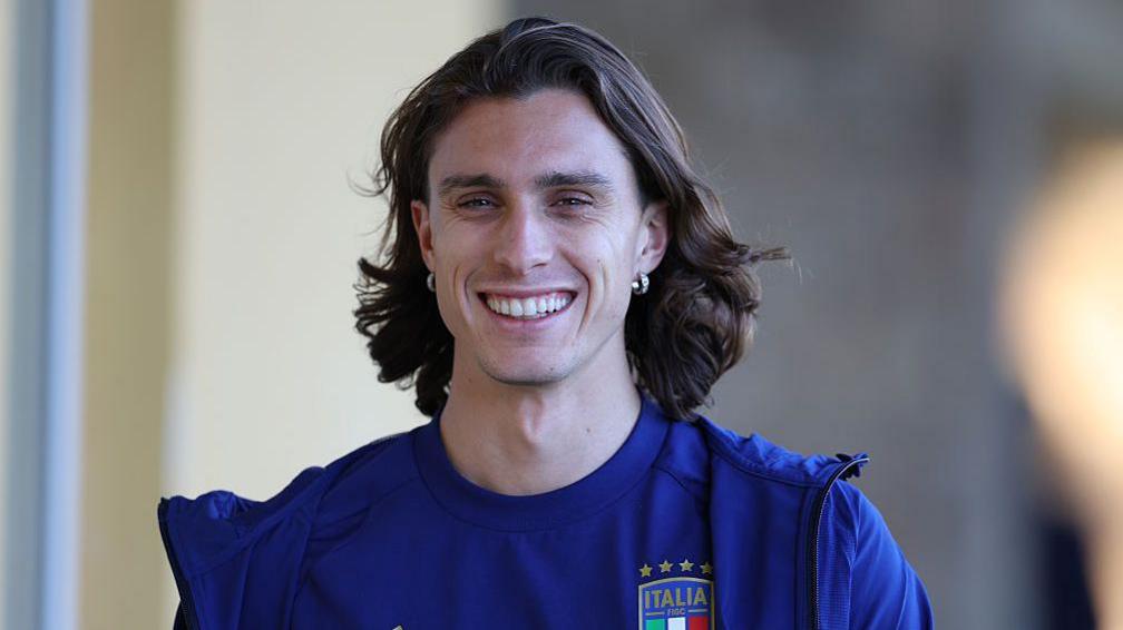 Riccardo Calafiori on international duty with Italy