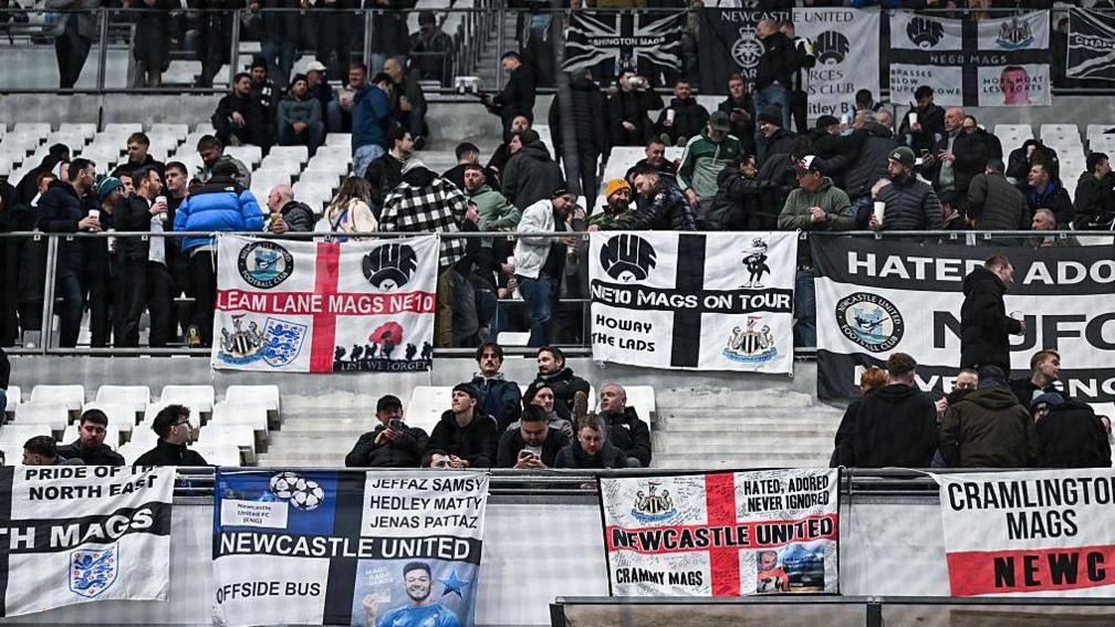 Newcastle United fans at the Stade Velodrome before the Champions League game against Marseille on 27 November, 2025