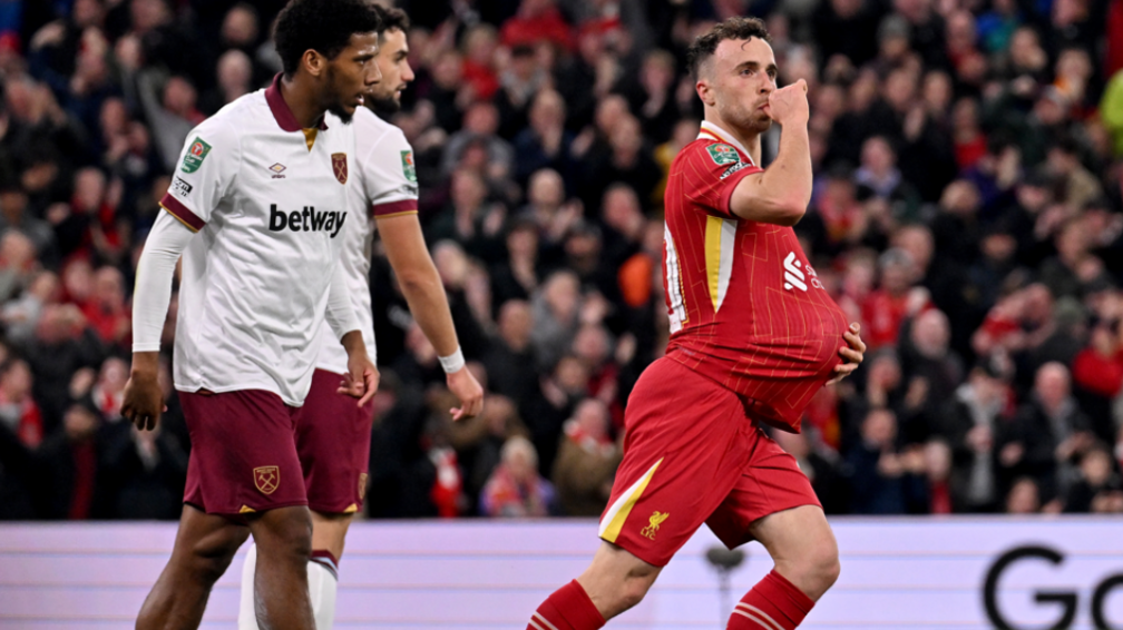 Diogo Jota celebrates after scoring for Liverpool against West Ham in the EFL Cup