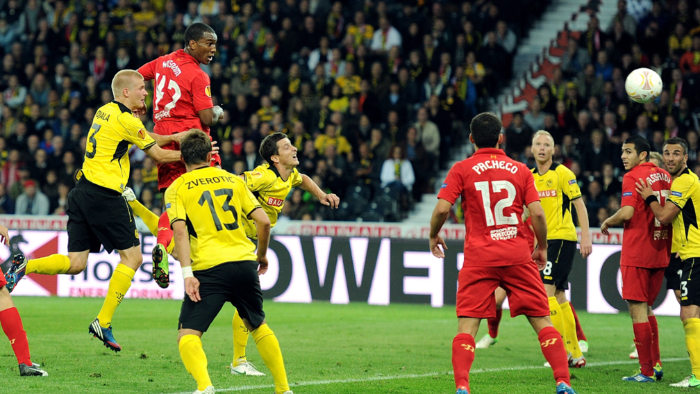 Liverpool's Andre Wisdom scores on his debut against Young Boys in the Europa League in September 2012 