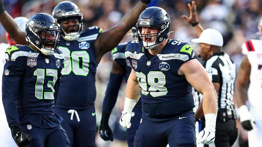 Rylie Mills of the Seattle Seahawks reacts after a sack during the second quarter.
