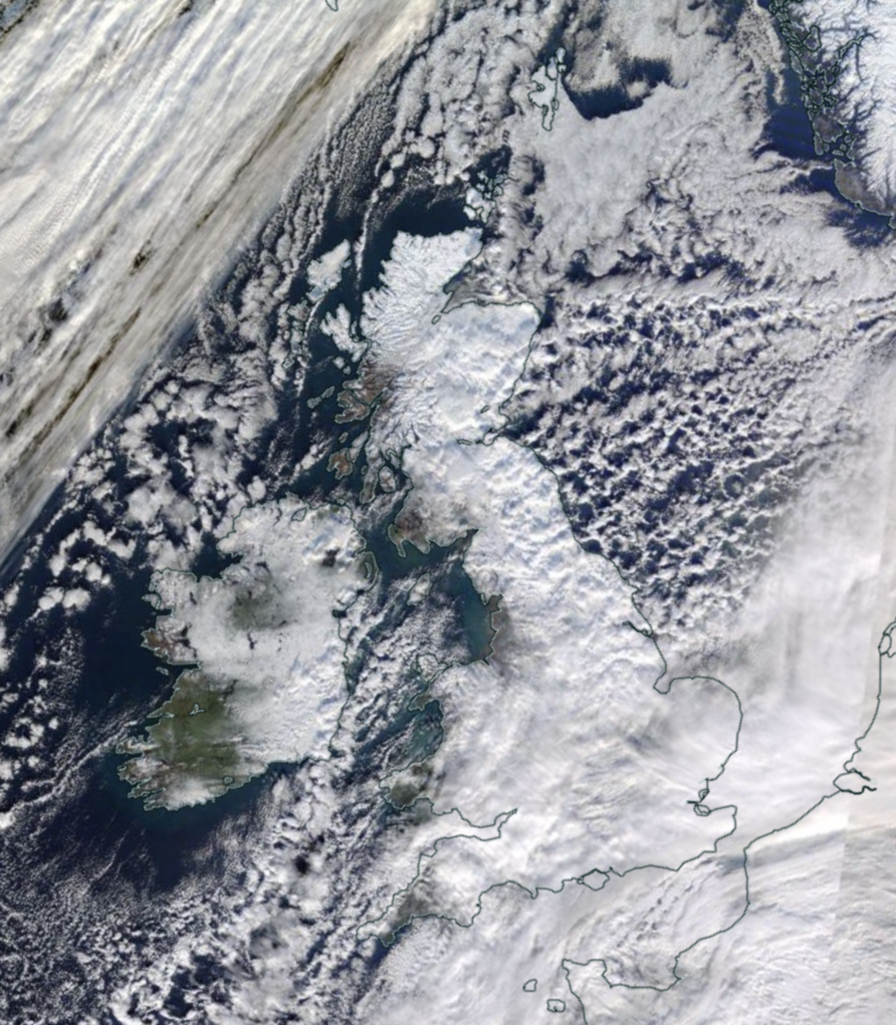 Satellite image of the UK showing large areas in white indicating snow on the groudn.