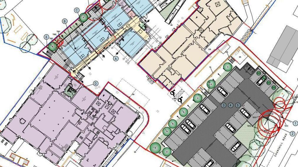 A blueprint plan for the school's extension. It is a bird's eye view drawing.