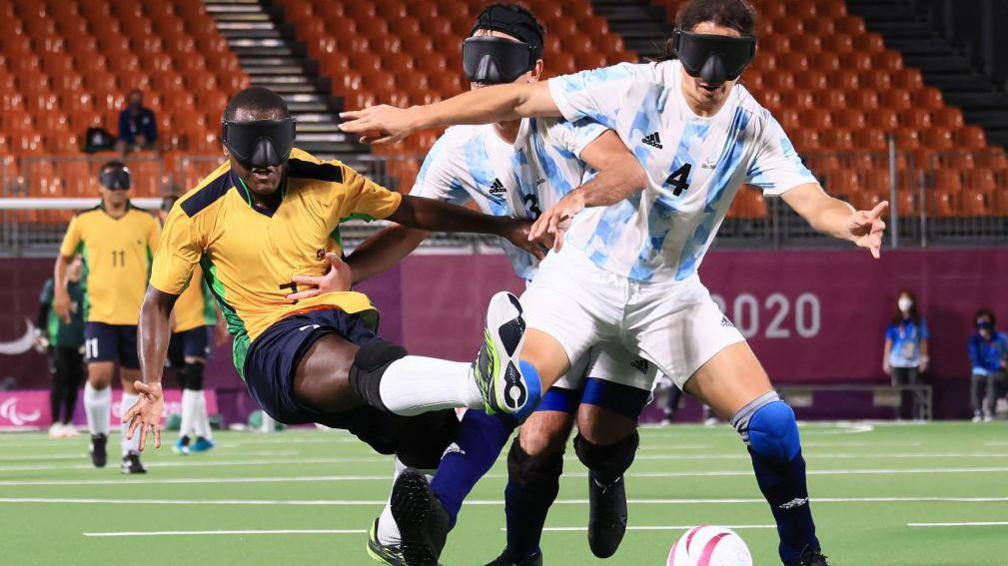 Brazil's Jeferson Goncalves gets a shot away against Argentina at the Tokyo Paralympics