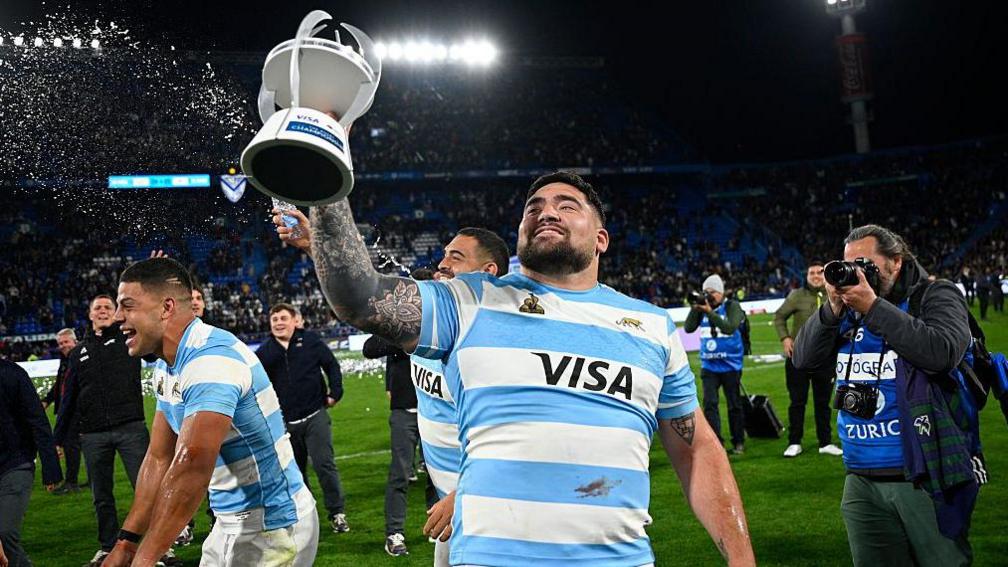 Argentina players celebrate after beating New Zealand in the Rugby Championship in 2025