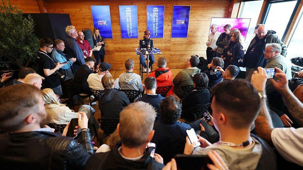 Media attending a Max Verstappen news conference on Thursday