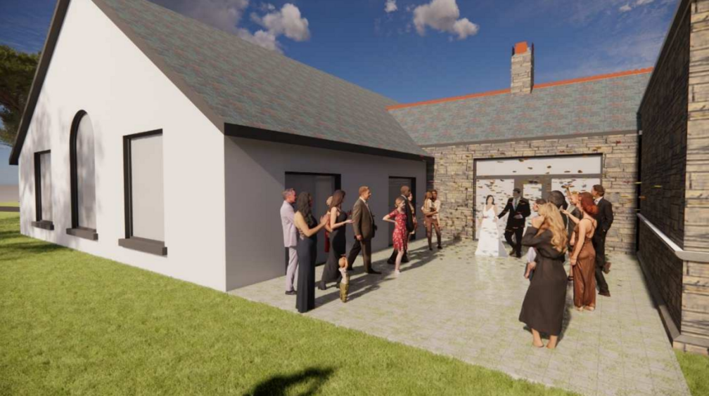 Dyluniad artist o briodas yn y gwesty newydd