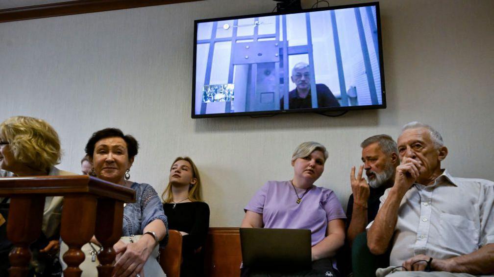 Moscow city court hearing, with Oleg Orlov on video link