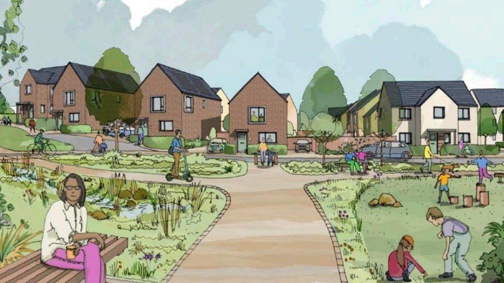 An artist's impression of a row of houses behind a park which has people in it.