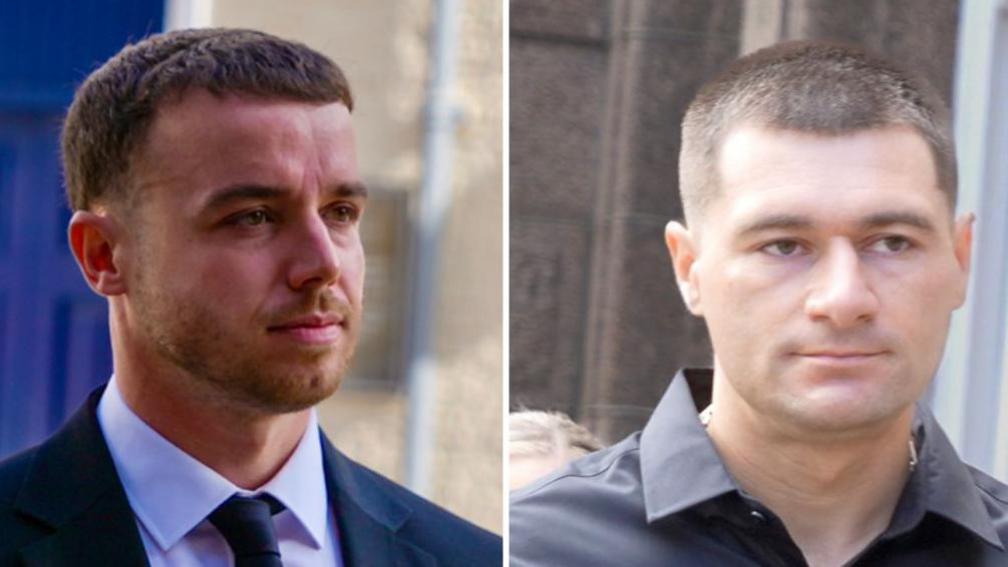 Composite photo of Lewis Carr and Artur Sevash-Zade walking into Jersey's Royal Court separately. They are both wearing smart clothing.