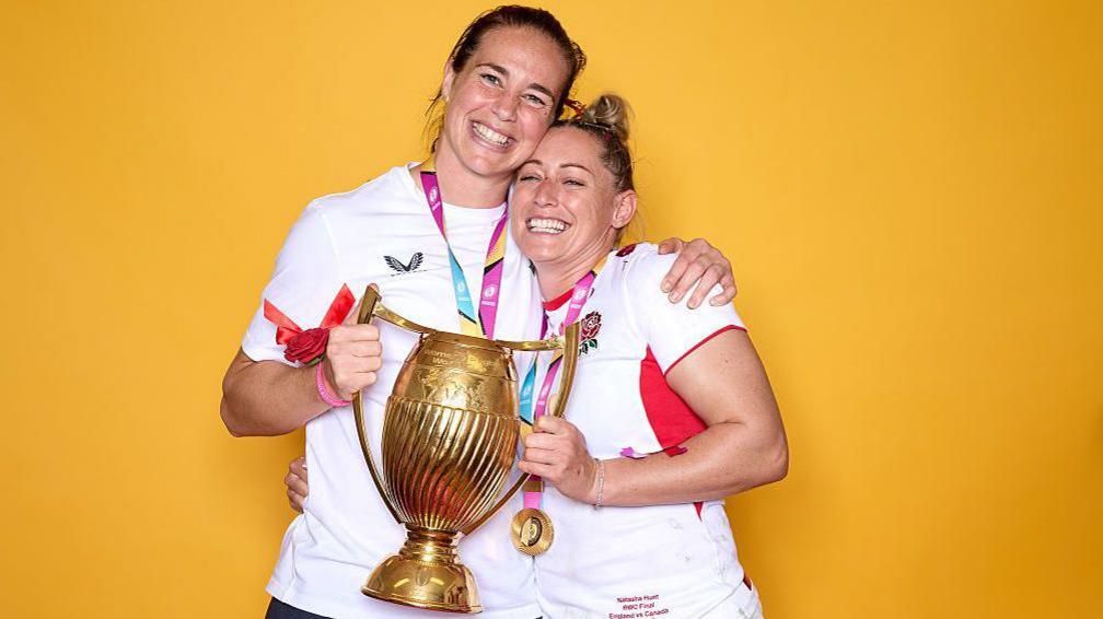 Emily Scarratt and Natasha Hunt with the World Cup