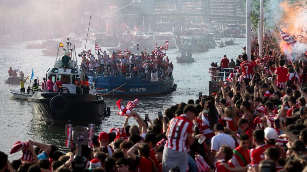 Athletic celebrate winning the Copa del Rey in 2024 on a barge