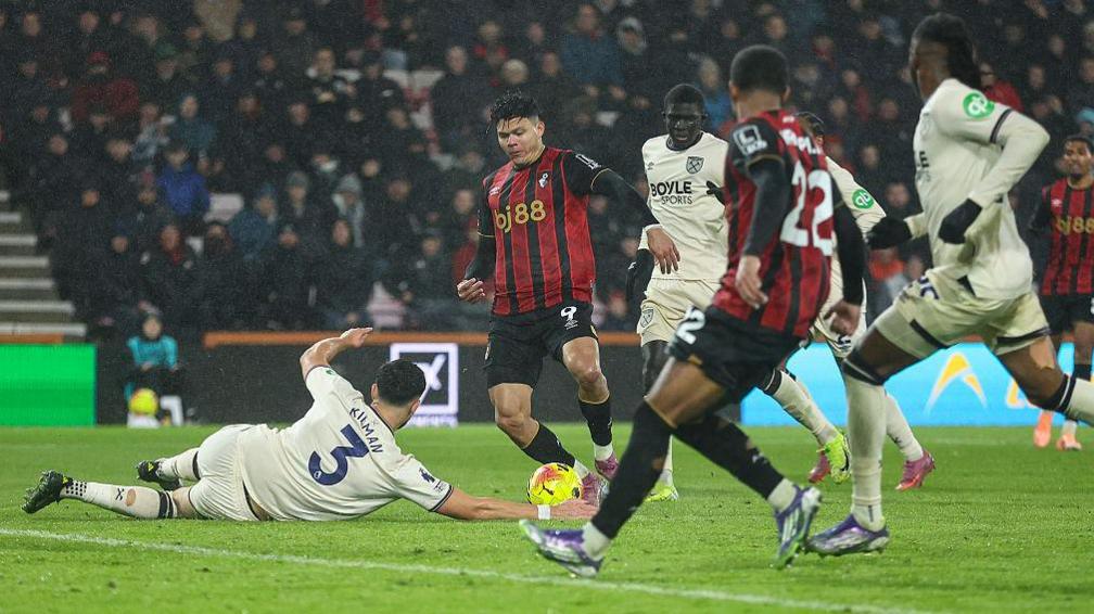 Max Kilman of West Ham United handles in the box to concede a penalty against Bournemouth