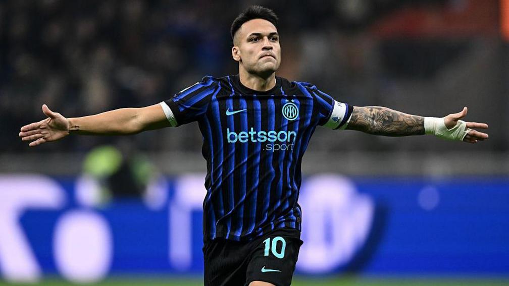 Lautaro Martinez celebrates scoring against Lazio