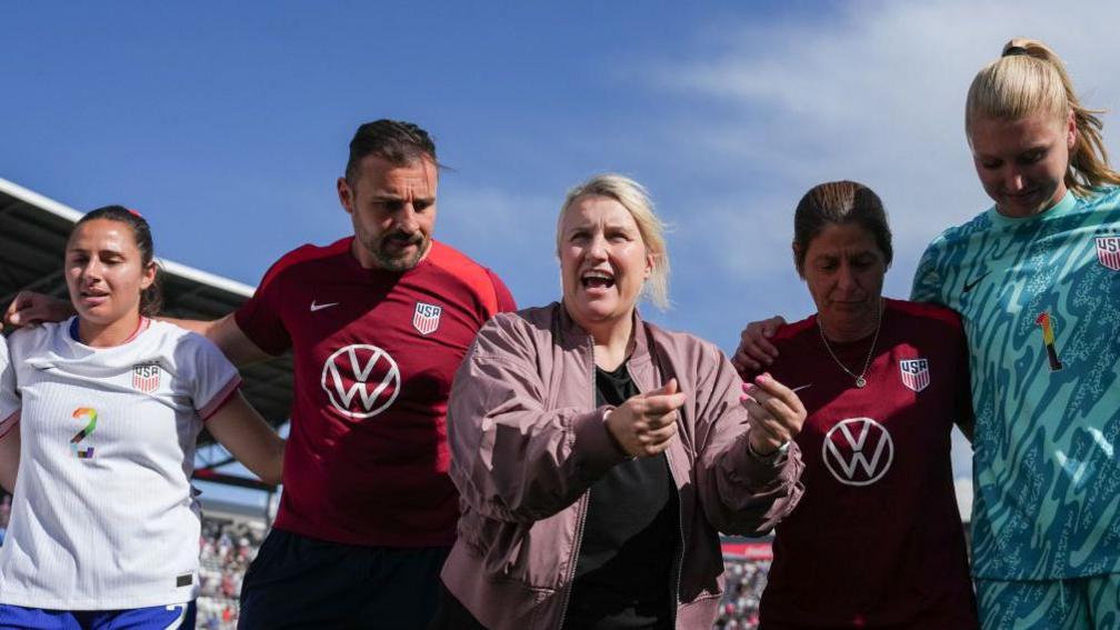 Emma Hayes addresses her players before US v South Korea