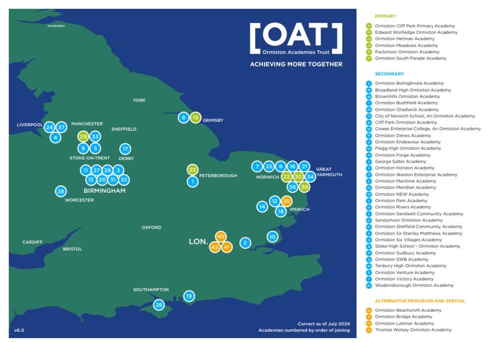 A map shows Ormiston Academies' Trust schools in England