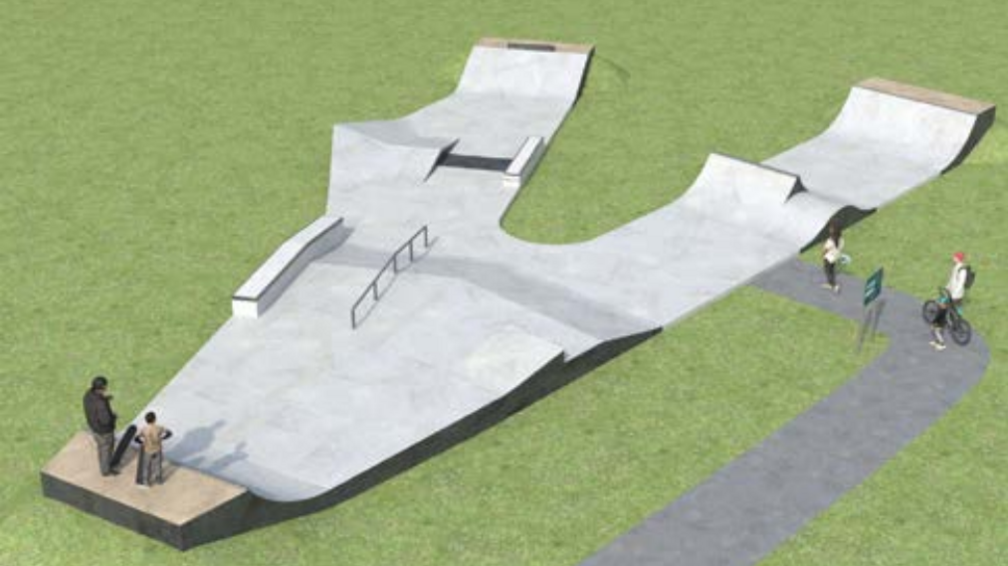 We can see an aerial view of the skate park - it's in a v-shape with various ramps to skate up.