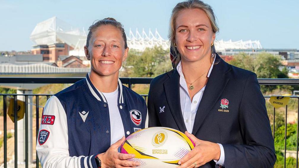United States captain Kate Zackary and England counterpart Zoe Aldcroft at a tournament welcome event in Sunderland