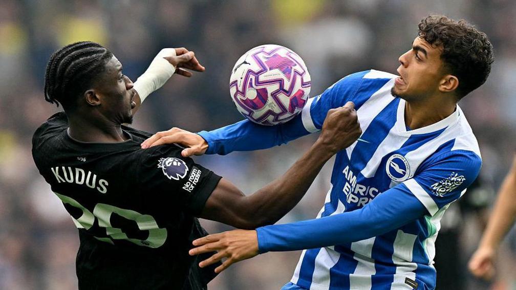 Mohamed Kudus and Yasin Ayari battle for the ball during Brighton's 2-2 draw with Tottenham at the Amex Stadium in the Premier League
