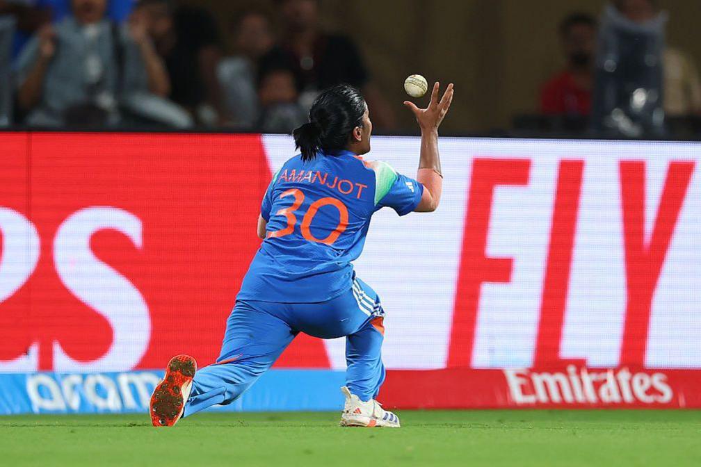 NAVI MUMBAI, INDIA - NOVEMBER 02: Amanjot Kaur of India takes the catch to dismiss Laura Wolvaardt of South Africa (not pictured) during the ICC Women's Cricket World Cup India 2025 Final match between India and South Africa at Dr. DY Patil Sports Academy on November 02, 2025 in Navi Mumbai, India. (Photo by Alex Davidson-ICC/ICC via Getty Images)