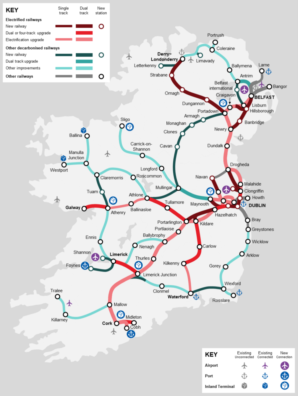 Map of the island of Ireland showing the proposed new rail lines