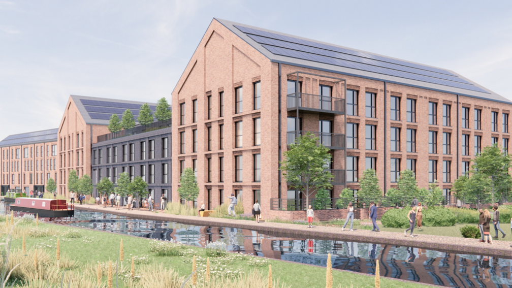 An artist's impression showing a large red brick block of buildings next to a canal