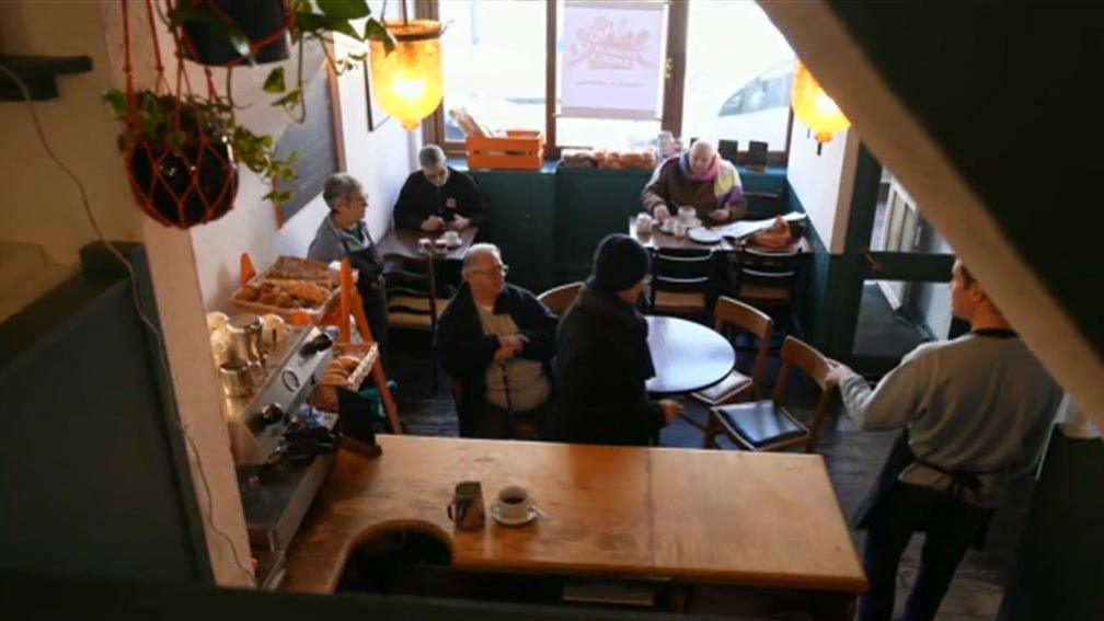 View of inside of food waste cafe in Tunbridge Wells, Kent