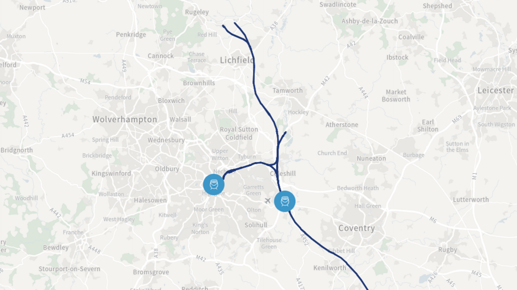 A map showing HS2's route into the West Midlands, branching off from Coleshill to Birmingham, with a northern stretch towards Lichfield