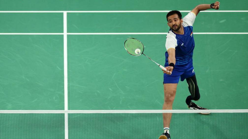 Kumar Nitesh of Team India competes during the Para Badminton Men's Singles SL3 Gold medal match on day five of the Paris 2024 Summer Paralympic Games at Porte de La Chapelle Arena on September 02, 2024 in Paris, France. 