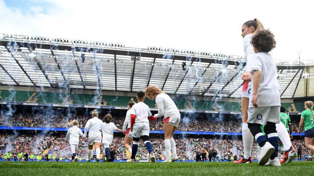 England's women's team walk out for their match against Ireland