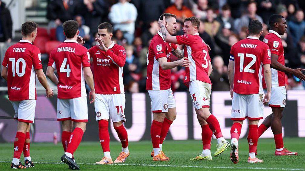 Bristol City players celebrate a goal scored against Middlesbrough