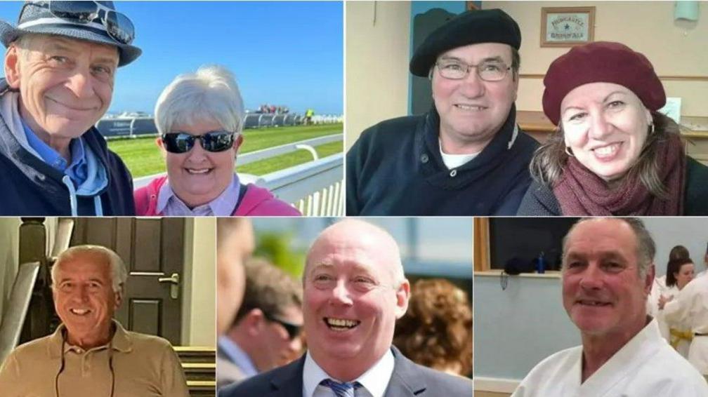 Two photos show an older and younger couple and three individual photos show men who are all smiling.