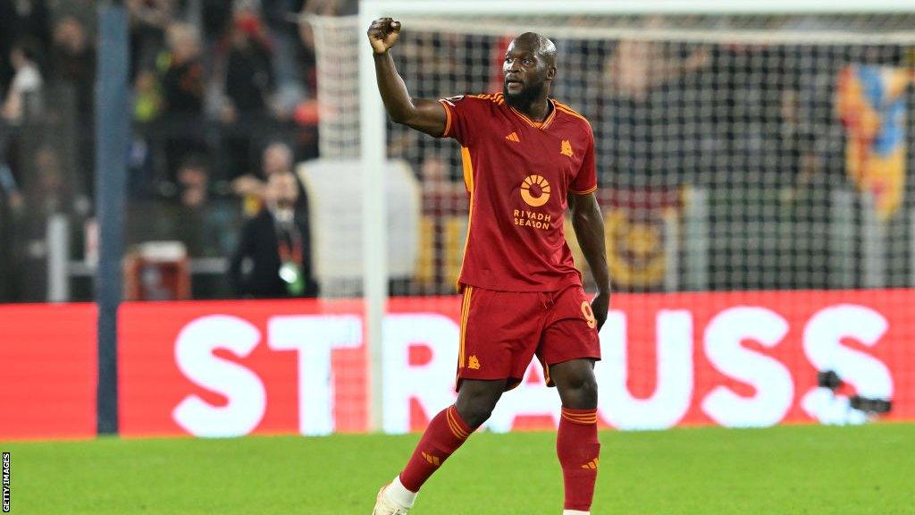 Romelu Lukaku celebrates scoring for Roma