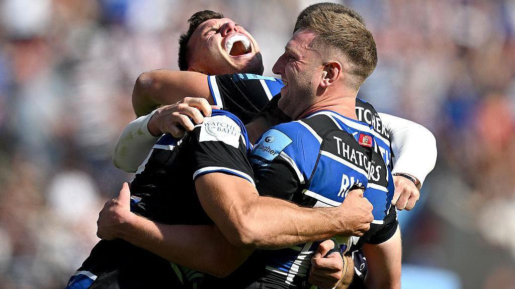 Finn Russell and Ben Spencer celebrate beating Leicester in the Premiership final