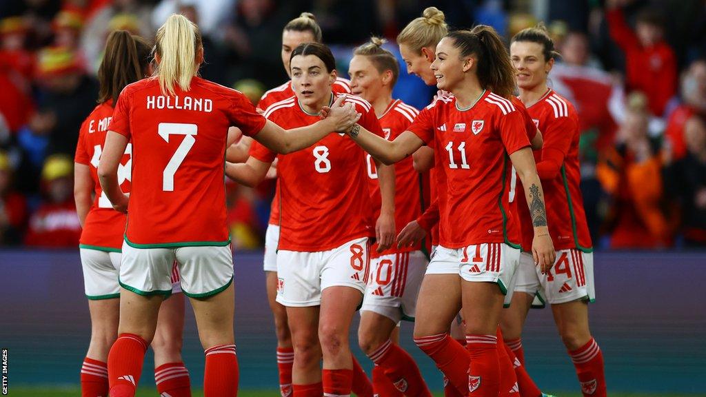 Wales celebrate Hannah Cain's goal